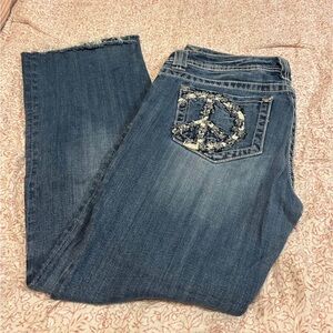 Miss Me Blue Straight Leg Jeans with Peace Embroidery